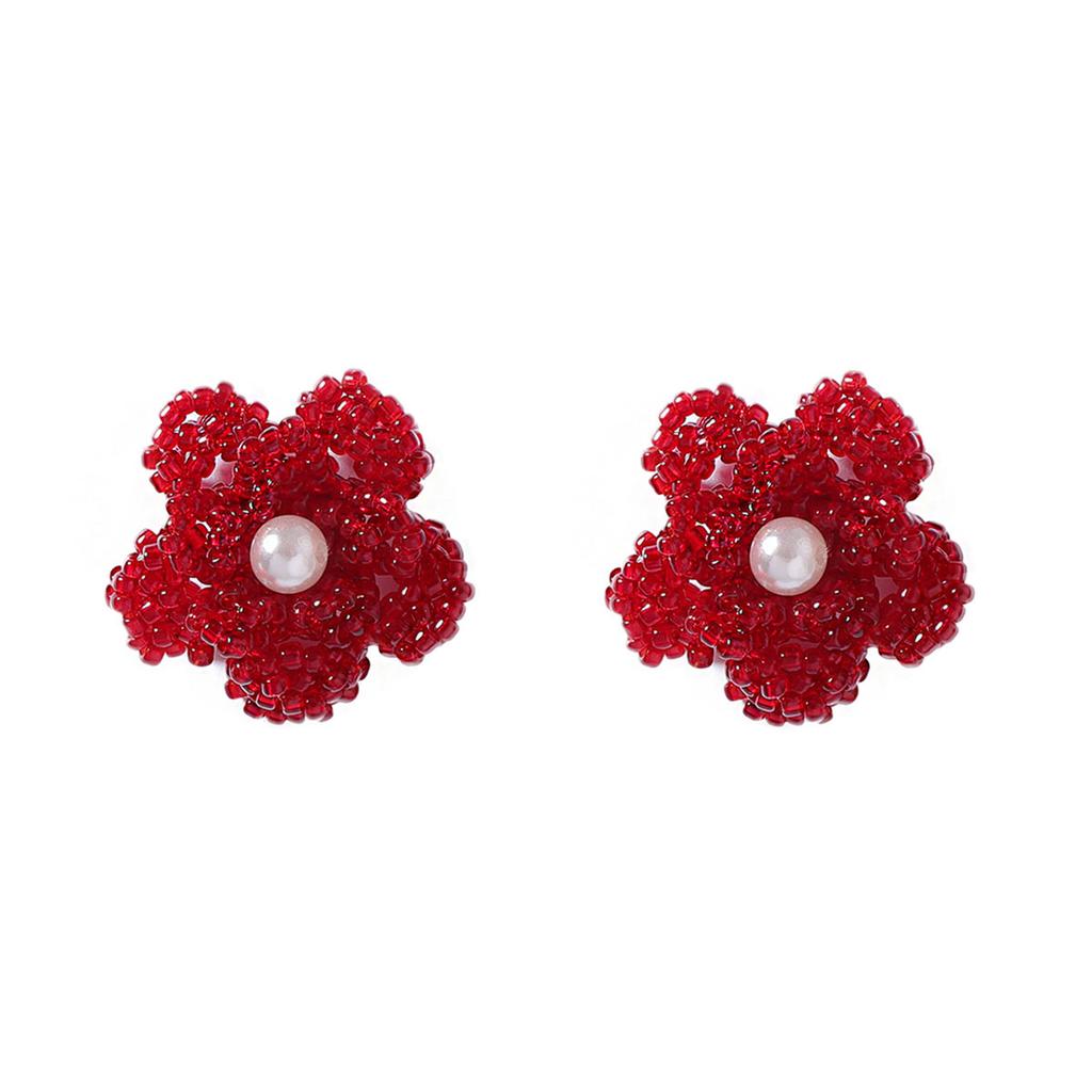 2024 autumn and winter, Ankara red handmade beaded imitation pearl flower stud earrings simple and versatile daily women's models