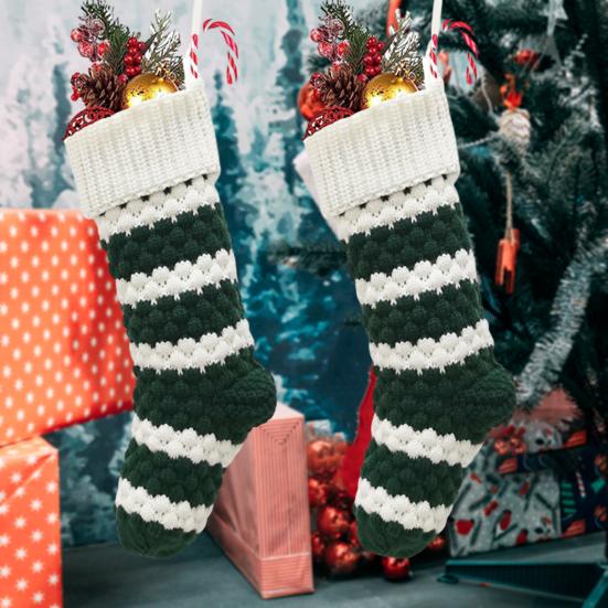 1Pc Christmas Stocking Knitted Red Green White Striped Large Capacity Reusable Xmas