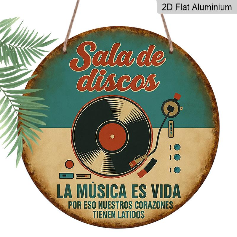 

2D Flat, 1pc Spanish Language Vintage Vinyl Record Music Wall Aluminum Plaque - 7.87 Round Retro Turntable Sign Suitable for Bars, Cafes, Music 1pc