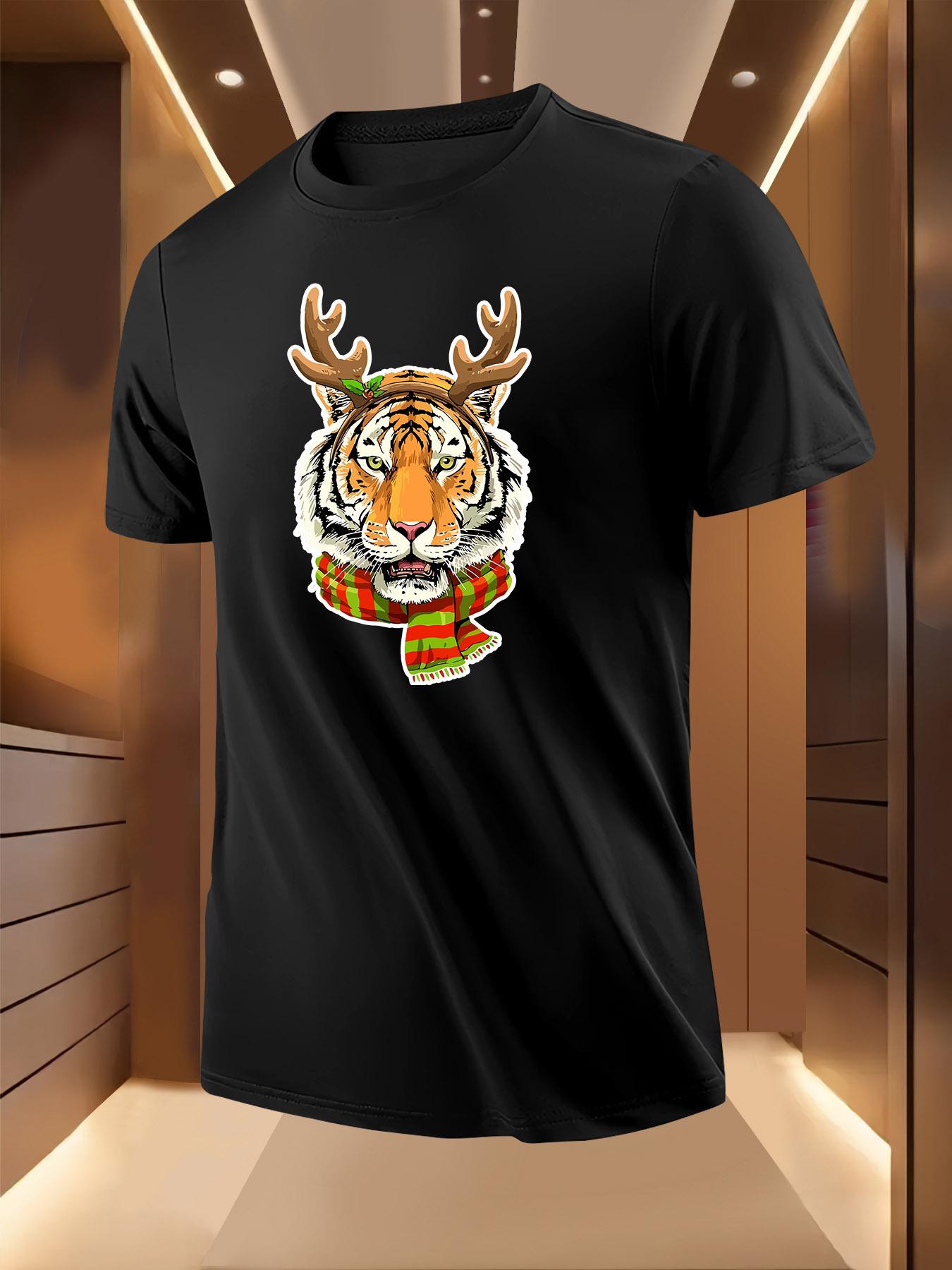 Light Yellow Christmas Tiger Print Graphic Tshirt - Funny... S
