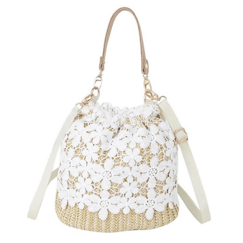 Small Fresh Forest Straw Bag Women's Lace Bucket Bag Fairy Travel Beach Crossbody Bag