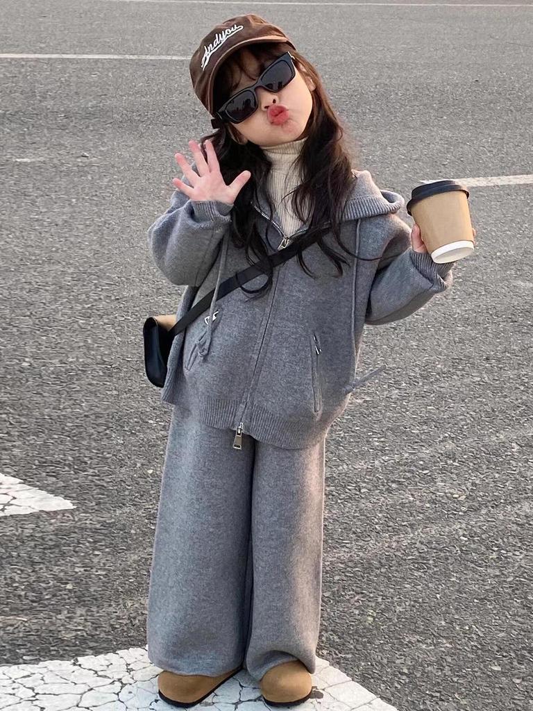 Korean Kids' Gray Casual Hoodie & Wide-Leg Pants Set - Girls' 2025 Autumn/Winter Trendy Wear