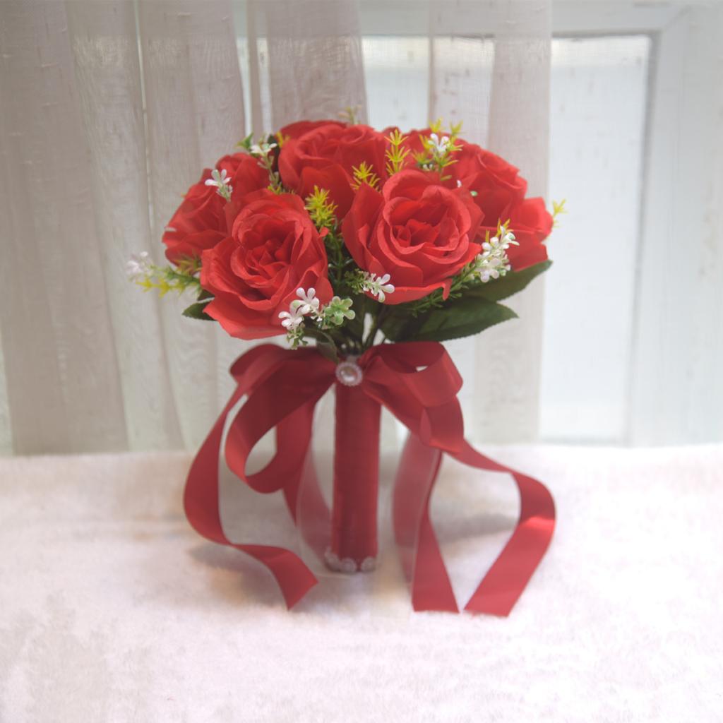 Artificial Bridal Bouquet Silk Rose Wedding Flowers Handheld Bouquet with Ribbon Wedding Decoration for Bridesmaids and Events
