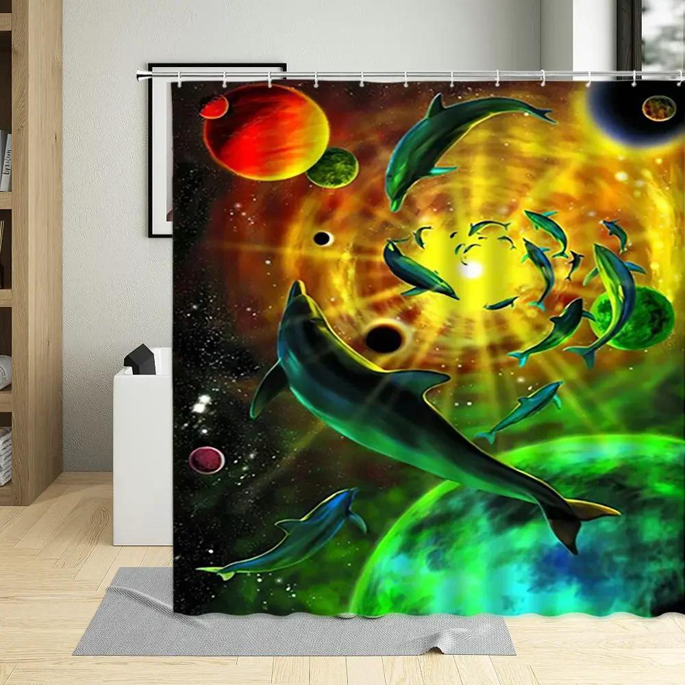 

Ocean Sea Animal Dolphin Fish Waterproof Shower Curtain Creative Deep Sea Child Bathroom Decor Screen With Hooks Curtains Set 90x180cm-35x70in