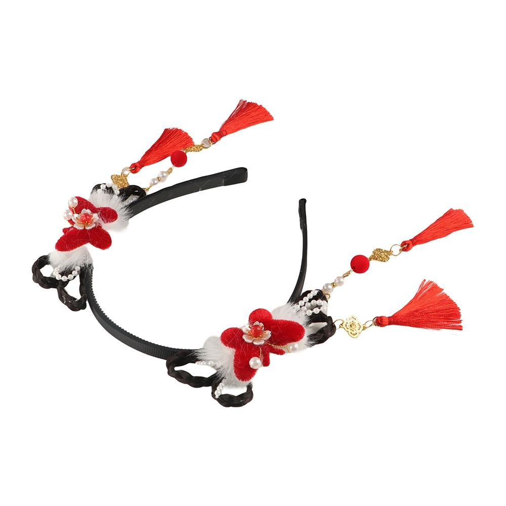 Red Flower Tassel Headband Chinese Style New Year Headwear Traditional Hanfu Wig Headband  Children