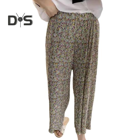 Dámské kalhoty Elastické kalhoty s vysokým pasem a širokými nohavicemi s květinovým potiskem s řaseným nařaseným dlouhým kalhotám do domácího salonku