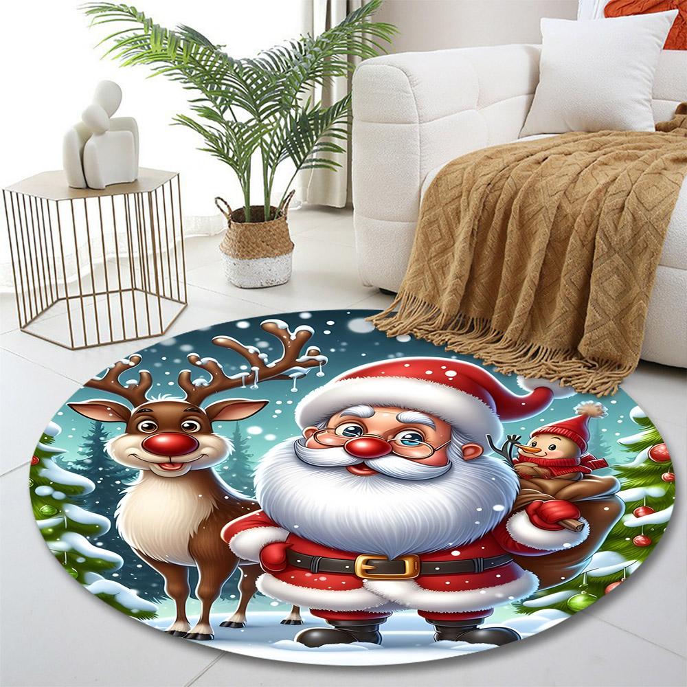 Santa, Reindeer, and Festive Snow Scene Print Round Rug, Living Room, Bedroom, Playroom Carpet, Non Slip Floor Mat, Gift