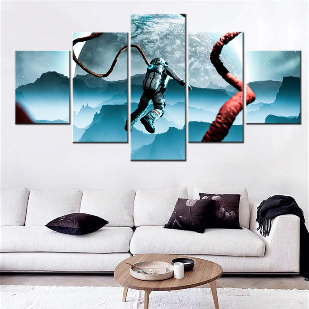 5 sztuk Płótno Sztuka Ścienna Plakat Malarstwo Kosmos Astronauta Eksploracja Kosmosu Tapeta Obraz Wnętrze Dekoracja Domu Sypialnia Nadruk Bez Ramy