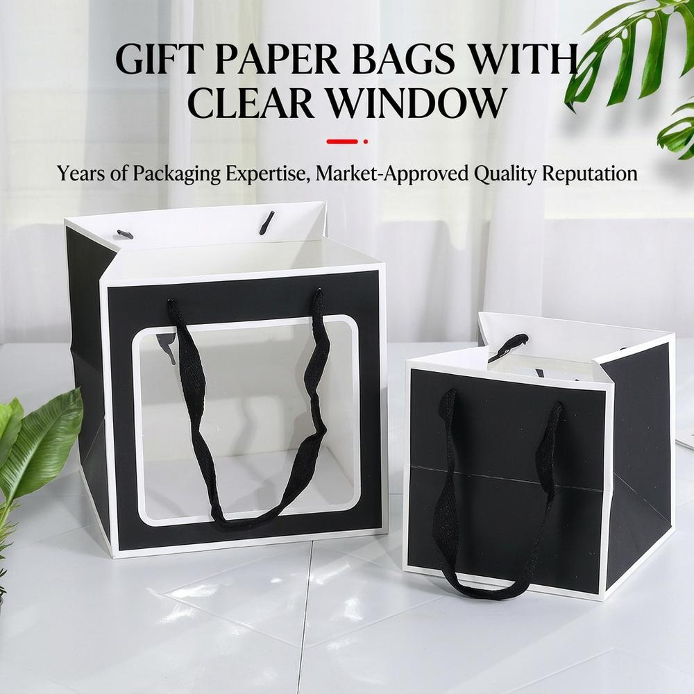 Square Clear Window Gift Bag with Handle Sturdy Paper Carry Bag for Flower Plush Toy Cake and Party Gift Packaging Bag