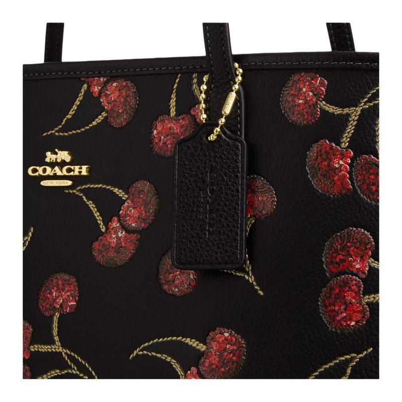 Coach City 33 Cherry Print Logo Tote Tote Shopping Bag Pebbled Leather Hand Shoulder Bag Large Women's Gold and Black
