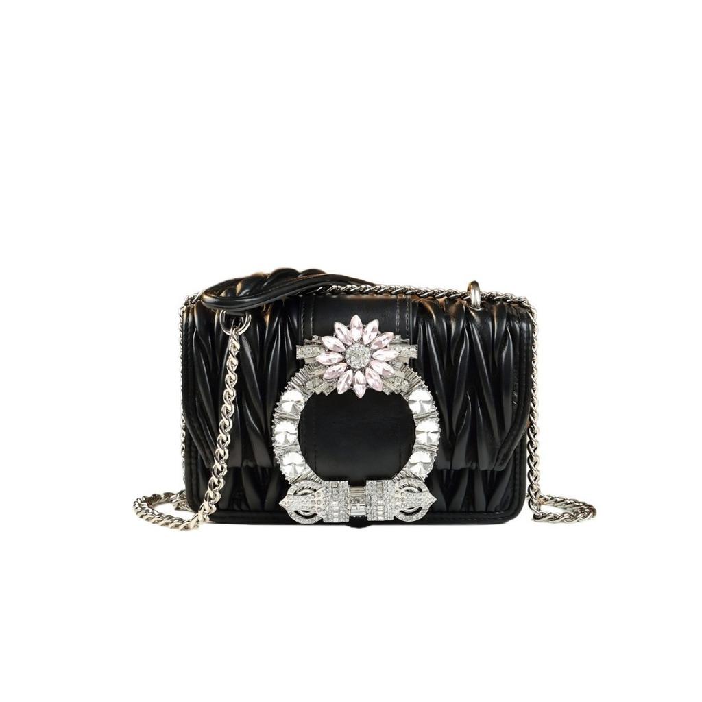 Diamond-Encrusted Rhombus Chain Bag, Genuine Leather, High-Value Light Luxury Handbag, Messenger Women'S Bag, French Tide
