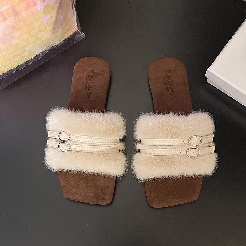 2025 Winter New One-word Drag Rubber and Casual Fashion Comfortable Wear-resistant Half Slippers Versatile Outer Wear Suede