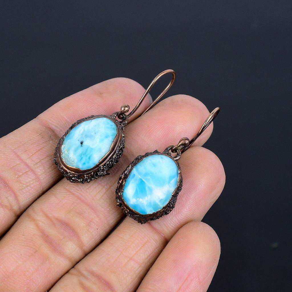 Larimar Copper Electroformed Earrings, Handmade Gemstone Earrings Jewelry, Gifts For Wife Brand New Earrings