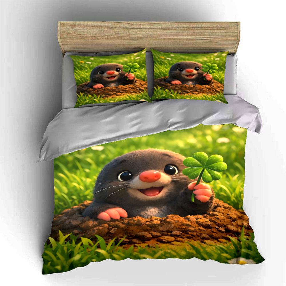 Adorable Mole Holding Clover Printed Duvet Cover Set1 Duvet Cover+2 Pillowcasemulti Size Bedroom Bedding Decor Luxury Gifts