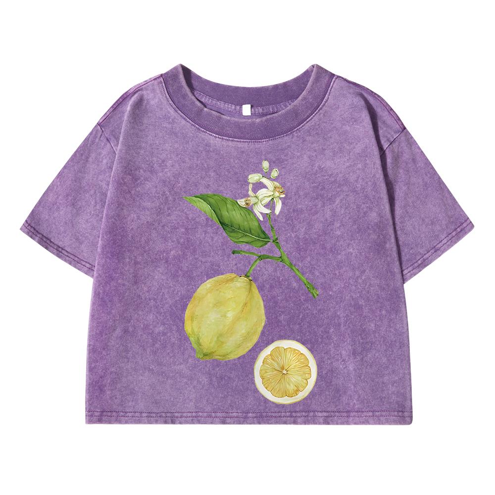 Lemon Branches Simple Printing Female Washed Short T-Shirt Summer Cool T Shirts Distress Clothes Breathable Soft Tops