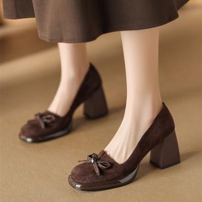 Fashion New Retro Mary Jane High Heels Women Faux Suede Chunky Heels Platform Design Mules Shoes for Women Bow Fashion Office Work Shoes