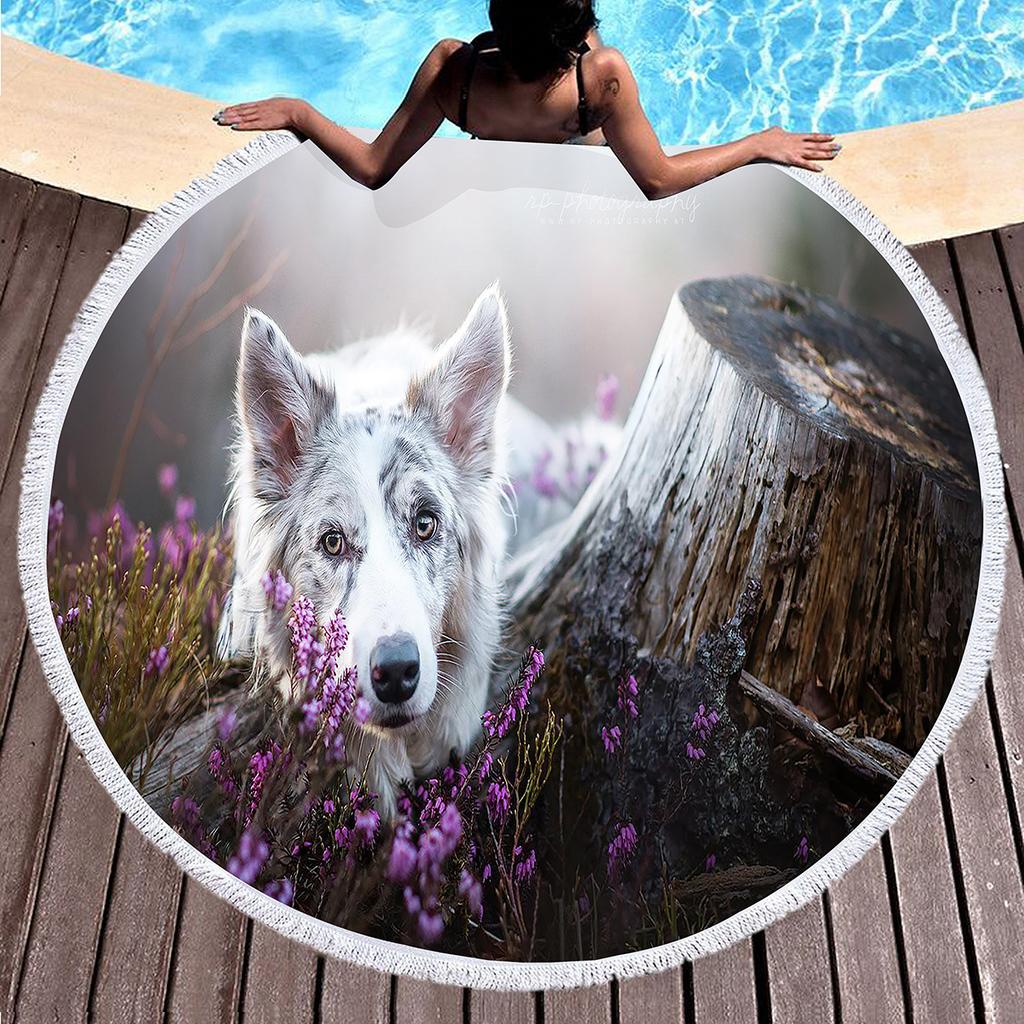 Cute Pet Dog Border Collie Round Beach Towel,Sand Free Beach Blanket Picnic Mat for Bathroom Pool Surf Travel Outdoor Meditation