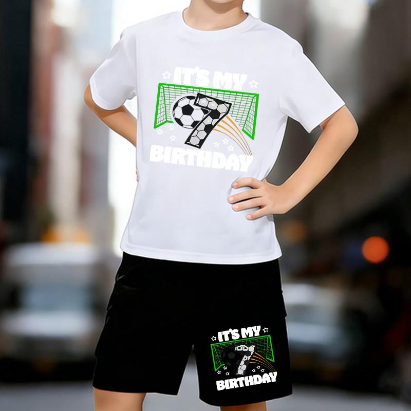 

Boys 2 Piece Football Birthday Party Printed Outfit, Short Sleeve T-Shirt and Shorts Set for Kids Age 5-14,white,Black Sporty Casual Summer Clothes 13-14 Years білий