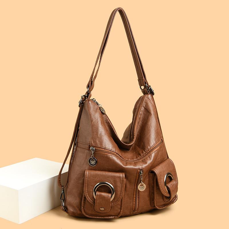 Backpack Women'S Soft Leather Shoulder Bag Large Capacity Tote Bag Simple Middle-Aged Women'S Bag