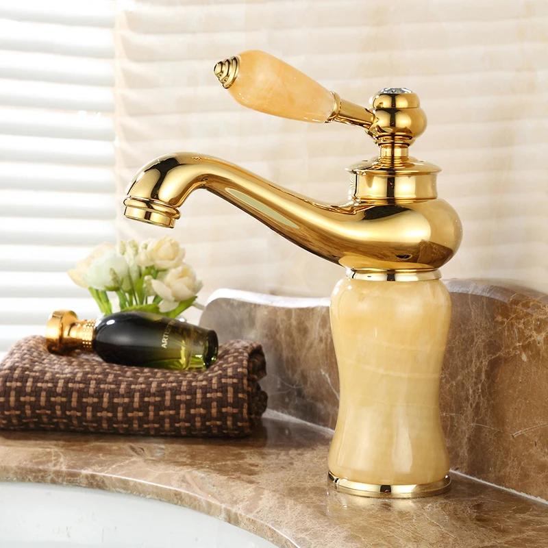 Gold Faucet Wall Mount Bathroom Washbasin Sink Faucet Brass Jade Crystal Cold Hot Mixer Taps Torneira ZR251