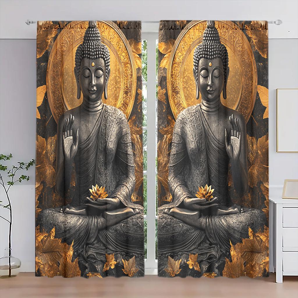2pcs Shakyamuni Buddha Printed Curtain for Home Decor - Rod Pocket Window Treatment for Bedroom, Office, Kitchen, Living Room