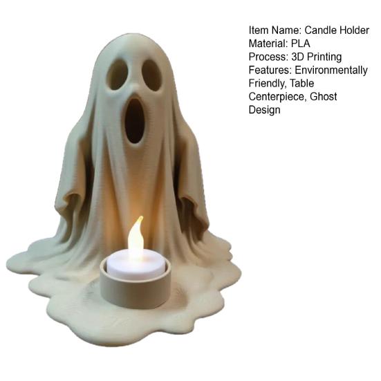 Ghost Candle Holder with Flameless LED Candle Lamp 3D Printed Halloween Decoration Desktop Ghost Ornament for Table Centerpiece Shelf
