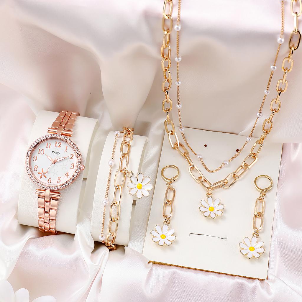 No gift box New style women's watches female small public ins simple small public fashion versatile   daisy jewelry 4-piece set