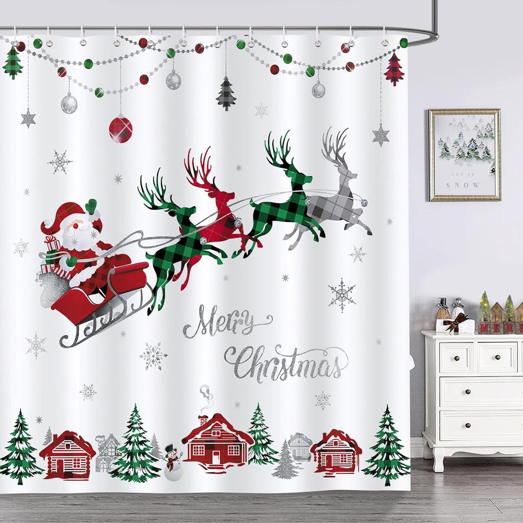 Christmas Shower Curtain Red Vintage Truck Snowman Xmas Tree Winter Forest Birds New Year Rustic Retro Farmhouse Bathroom Decor