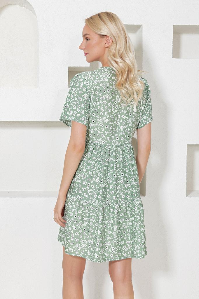 Women's Dress New Season Fashion Blue V-Neck Floral Patterned Skirt Flounce Woven Dress