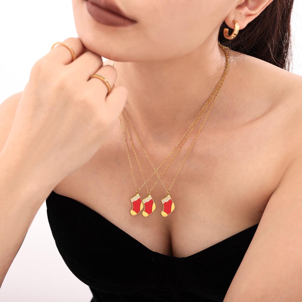 Oumaijia Christmas Zircon Pendant Necklace with Red Socks Charm, Gold-Plated Stainless Steel