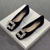 Square Head Shallow Mouth Single Shoes Women's Flat Bottom 2025 New Summer Shoes French Temperament Rhinestone French Black Ladyshoes