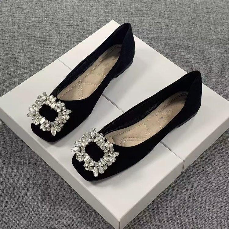 Square Head Shallow Mouth Single Shoes Women's Flat Bottom 2025 New Summer Shoes French Temperament Rhinestone French Black Ladyshoes