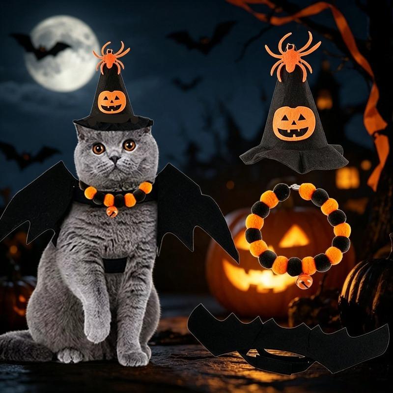 3×Halloween Pet Cat Costume Decoration Set - Bat Wings Collar Headband Accessories, Spooky Cute Cosplay Dress-Up Halloween Party