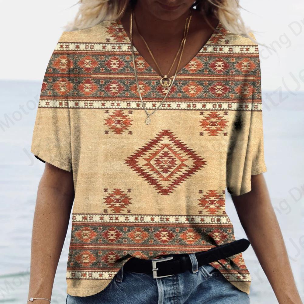 Women's T Shirt Vintage 3d Print T-shirt Women Fashion Casual V-Neck Short Sleeve Tops Tees Ethnic T Shirt Geometric Camisetas