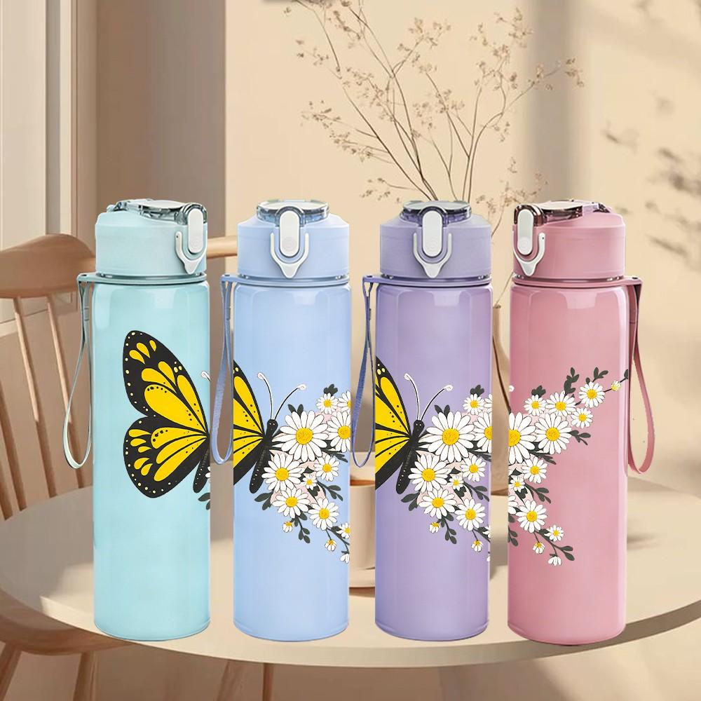 1PC Yellow Butterfly Daisy Flower Print 750ml Color Plastic Sports Water Bottle Leakproof Flip Straw Lid Suitable for Sports Office Home Use