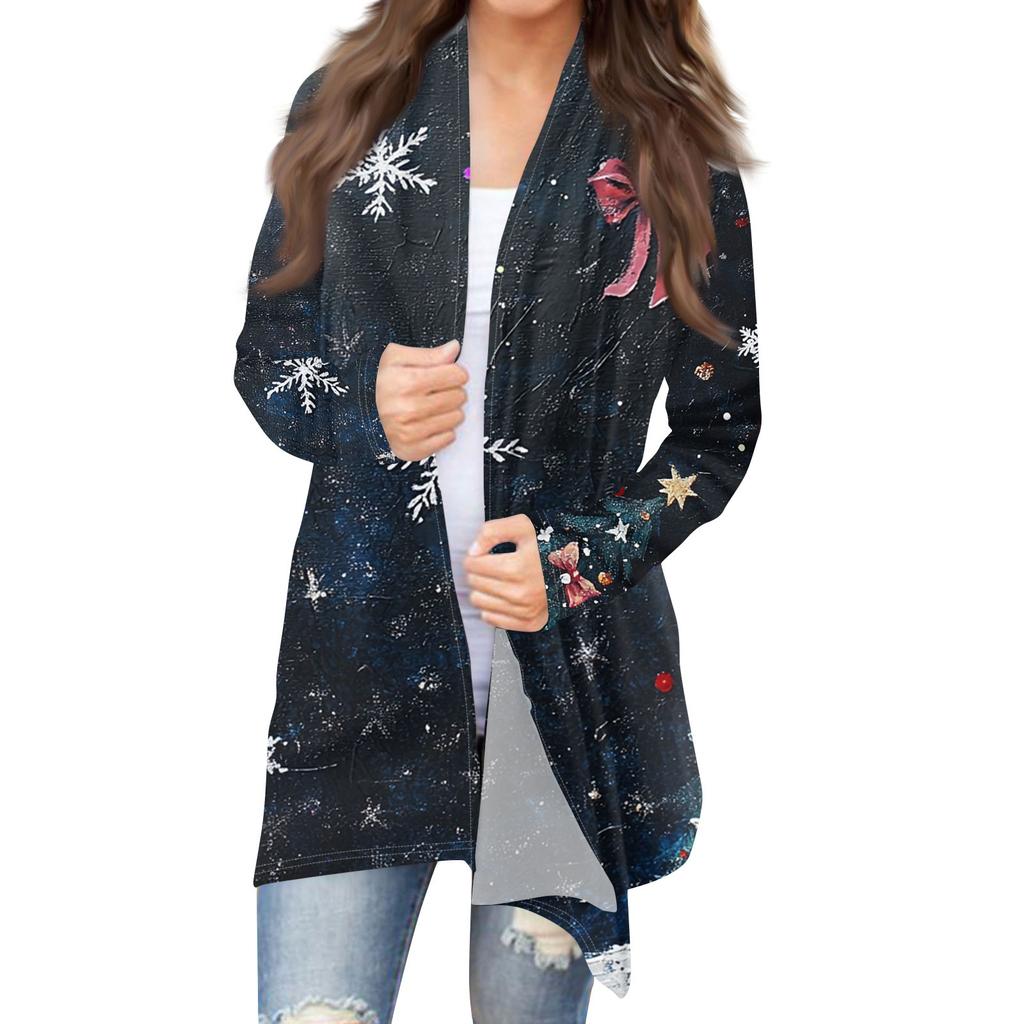 Women's Fashion Casual Christmas  Print Medium Length Cardigan Jacket Coat