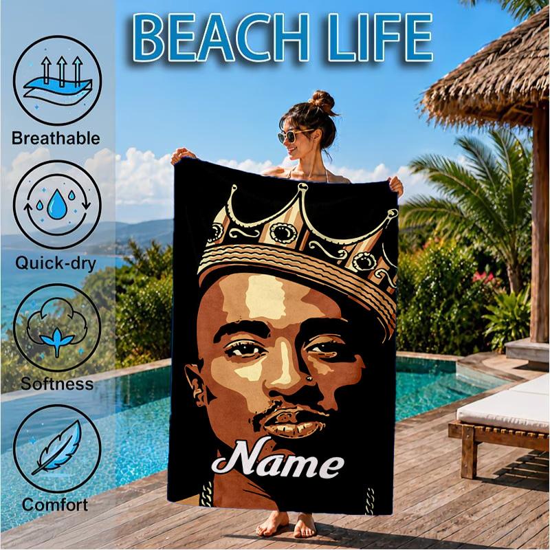 Custom Name Hip Hop Heart In Space Adventure Microfiber Beach Towel, Lightweight for Summer Travel, Swimming Pool Fan Gift