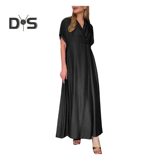 Spring Women Dress V Neck Short Sleeve Loose A-line Pure Color Ankle Length Maxi Dress Pleated Prom Party Dating Dress