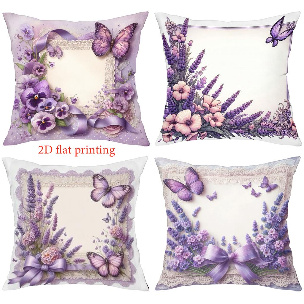 2D flat printing Lavender and Butterfly Patterned Decorative Throw Pillows Polyester pillowcase, sofa decorative cushion cov