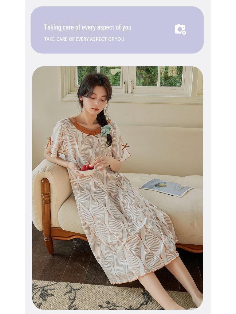 Women's Summer Ice Silk Two-Piece Nightdress with Breast Pads - Short-Sleeved, Sweet, Knee-Length