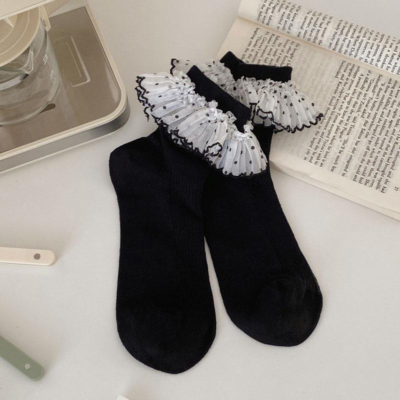 

Cute Dot Ruffle Ankle Socks for Girl Ballet Japanese Style Thin Spring Summer Gray Socks for Schoolgirl Soft Cotton Fashion Sock One Size