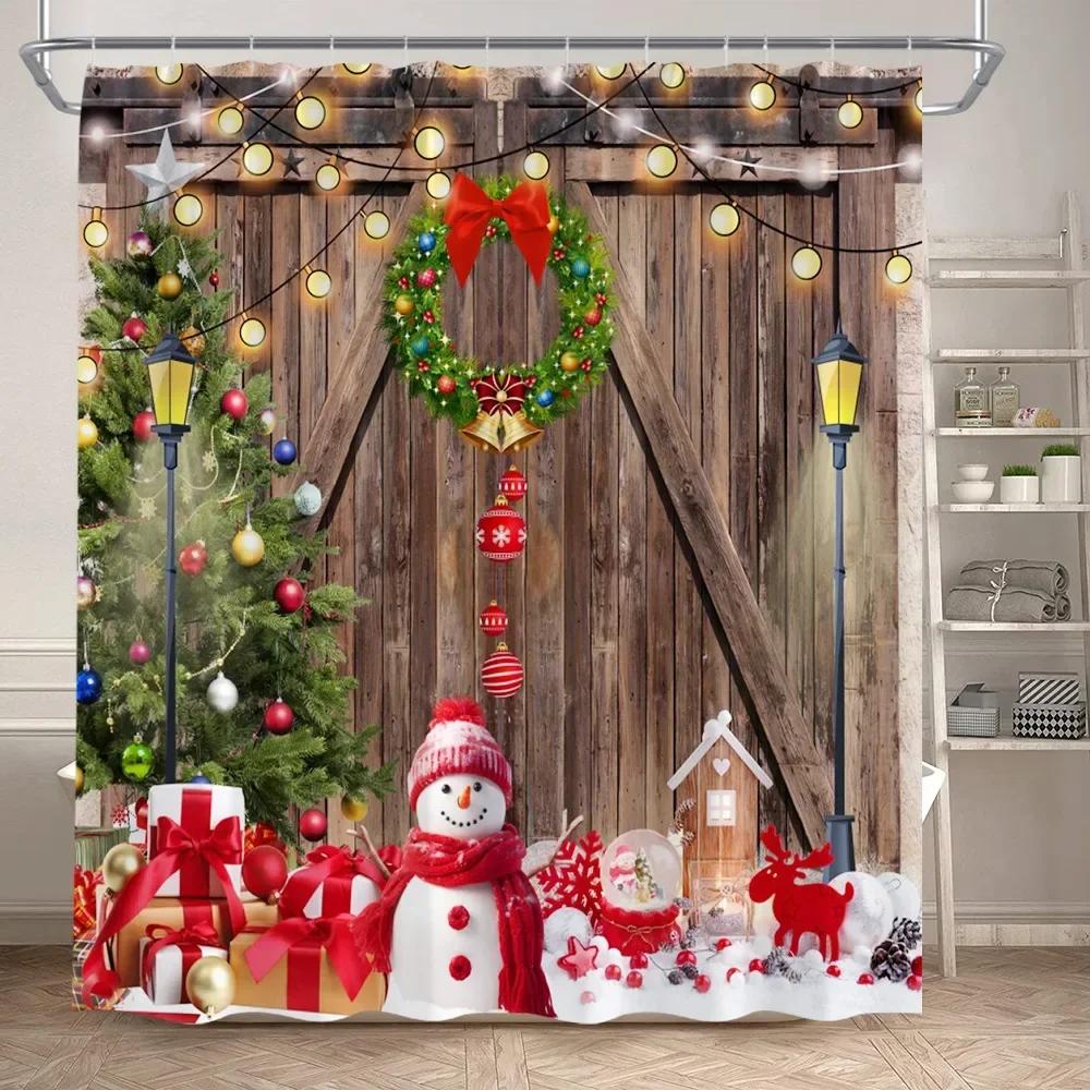 

Cute Snowman Shower Curtain Set Winter Forest Xmas Trees Snowflake Pink Christmas Decoration Bathroom Bath Mats Toilet Lid Cover W90*H180(CM)-1 Pcs