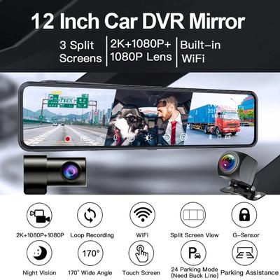 Dashcam Spiegel 12 Zoll Touchscreen QHD 2K 3-Objektiv Videorekorder Rückspiegel 3 Kanäle WiFi Auto DVR Spiegel DVR Black Box