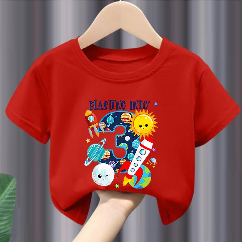 New Boys and Girls Clothing Outer Space Rocket Planet Printed Childrens Tshirt Birthday Round Neck Summer polyester fabric