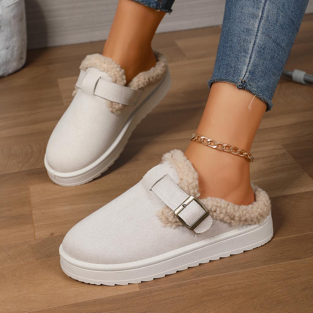 Fashion Women Brown Suede Closed Toe Mule Slippers Lined Buckle Strap Platform Winter Warm Comfortable Casual Slip on Shoes for women