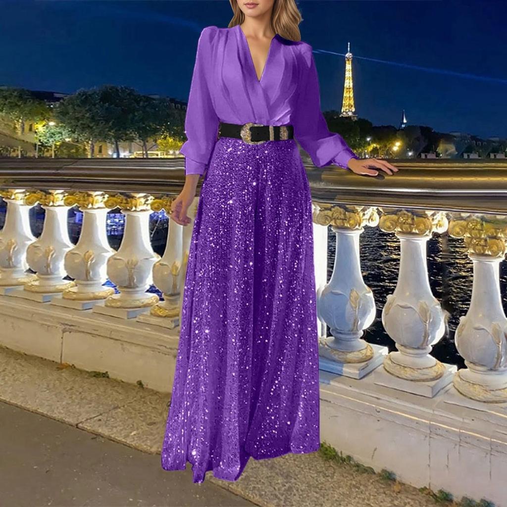 Blouse Fashion pour Femme à Col en V et Manches Longues Élégante et Gracieuse Taille Cintrée pour une Silhouette Flatteuse Combinaison à Jambes Larges Ornée de Sequins