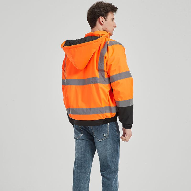 High Visibility Safety Bomber Jacket for Men Fall Winter Coat With Hood Men's Outdoor Work Waterproof 300D Oxford Bomber Jackets With Eflective Strips