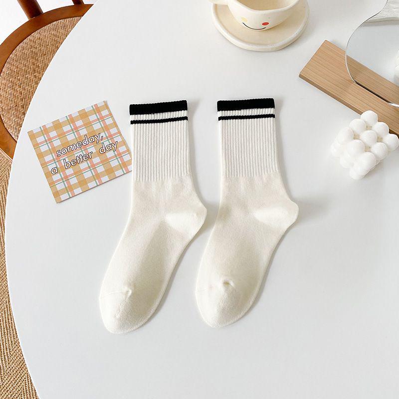 

Женские осенне-зимние модные носки средней длины с двойной перемычкой в японском стиле, однотонные One Size белый