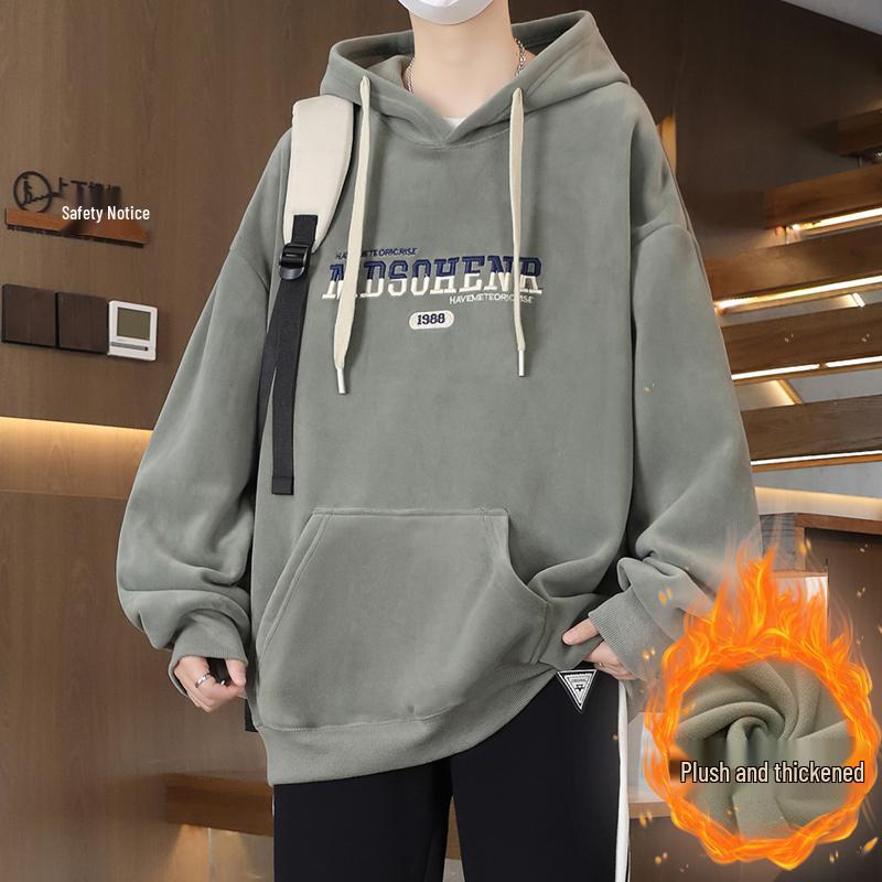 Men's 2025 Style Double-Sided Fleece Hoodie, Thickened Inner Layer, Solid Color, Trendy Winter Outerwear for Teens with Hood