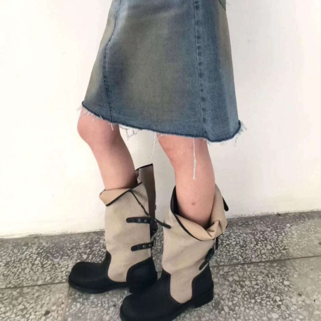 Women's flip cowboy boots Western wide retro boots Belt buckles Pile knight boots Fold thick heel splicing Wear two without